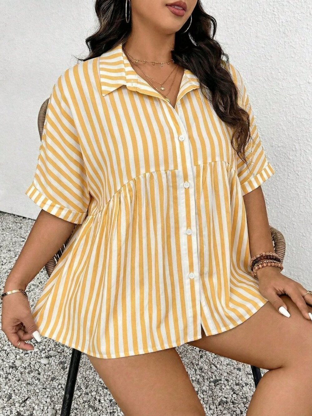Yellow Chic Women's Striped Print Button Down Short Sleeve Top - Picture 6 of 7